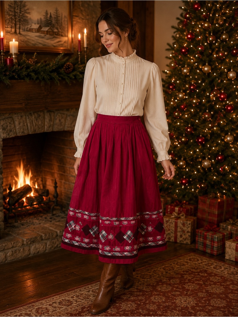 Vintage Susan Bristol New Traditions Fine Rib Corduroy Midi Skirt Red Holiday 12